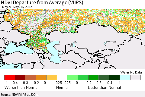 Russian Federation NDVI Departure from Average (VIIRS) Thematic Map For 5/9/2022 - 5/16/2022