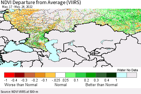 Russian Federation NDVI Departure from Average (VIIRS) Thematic Map For 5/17/2022 - 5/24/2022