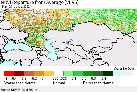 Russian Federation NDVI Departure from Average (VIIRS) Thematic Map For 5/25/2022 - 6/1/2022