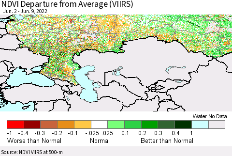 Russian Federation NDVI Departure from Average (VIIRS) Thematic Map For 6/2/2022 - 6/9/2022