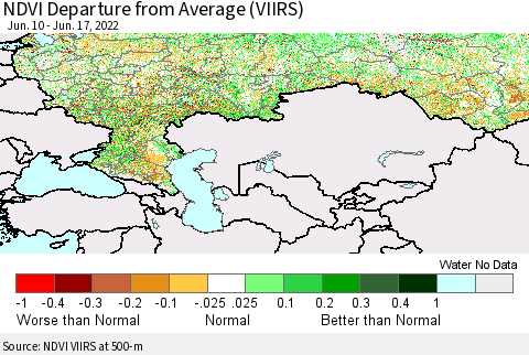 Russian Federation NDVI Departure from Average (VIIRS) Thematic Map For 6/10/2022 - 6/17/2022