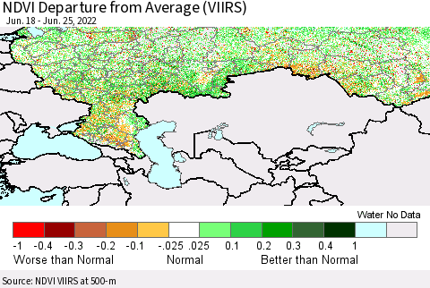 Russian Federation NDVI Departure from Average (VIIRS) Thematic Map For 6/18/2022 - 6/25/2022