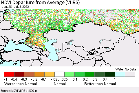 Russian Federation NDVI Departure from Average (VIIRS) Thematic Map For 6/26/2022 - 7/3/2022