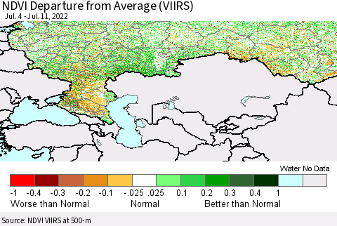 Russian Federation NDVI Departure from Average (VIIRS) Thematic Map For 7/4/2022 - 7/11/2022