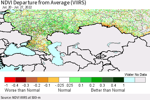 Russian Federation NDVI Departure from Average (VIIRS) Thematic Map For 7/20/2022 - 7/27/2022