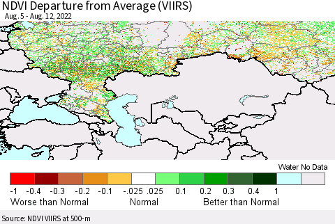 Russian Federation NDVI Departure from Average (VIIRS) Thematic Map For 8/5/2022 - 8/12/2022
