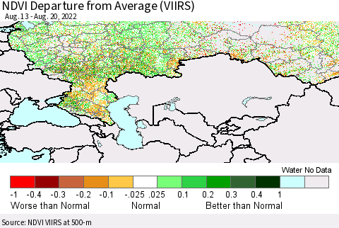 Russian Federation NDVI Departure from Average (VIIRS) Thematic Map For 8/13/2022 - 8/20/2022