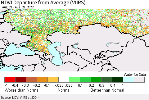 Russian Federation NDVI Departure from Average (VIIRS) Thematic Map For 8/21/2022 - 8/28/2022