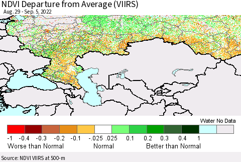 Russian Federation NDVI Departure from Average (VIIRS) Thematic Map For 8/29/2022 - 9/5/2022