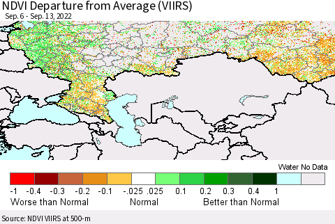 Russian Federation NDVI Departure from Average (VIIRS) Thematic Map For 9/6/2022 - 9/13/2022