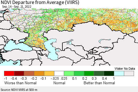 Russian Federation NDVI Departure from Average (VIIRS) Thematic Map For 9/14/2022 - 9/21/2022