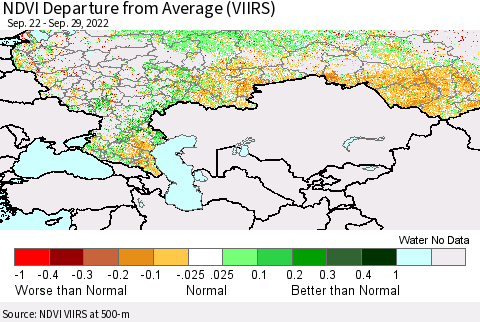 Russian Federation NDVI Departure from Average (VIIRS) Thematic Map For 9/22/2022 - 9/29/2022
