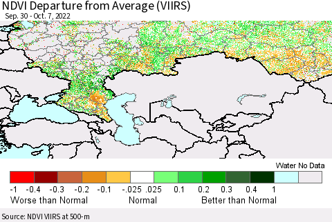 Russian Federation NDVI Departure from Average (VIIRS) Thematic Map For 9/30/2022 - 10/7/2022