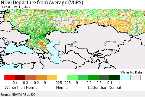Russian Federation NDVI Departure from Average (VIIRS) Thematic Map For 10/8/2022 - 10/15/2022