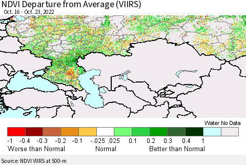Russian Federation NDVI Departure from Average (VIIRS) Thematic Map For 10/16/2022 - 10/23/2022