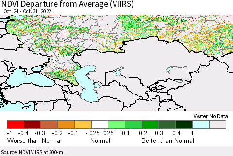 Russian Federation NDVI Departure from Average (VIIRS) Thematic Map For 10/24/2022 - 10/31/2022