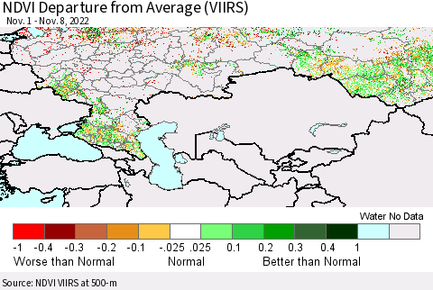 Russian Federation NDVI Departure from Average (VIIRS) Thematic Map For 11/1/2022 - 11/8/2022