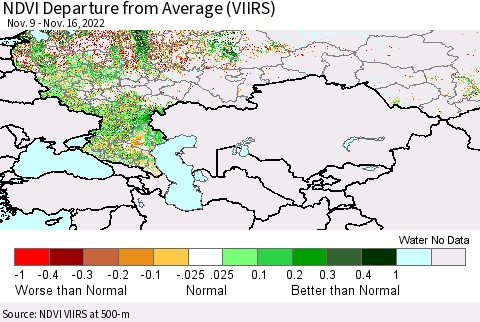 Russian Federation NDVI Departure from Average (VIIRS) Thematic Map For 11/9/2022 - 11/16/2022