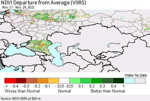 Russian Federation NDVI Departure from Average (VIIRS) Thematic Map For 11/17/2022 - 11/24/2022