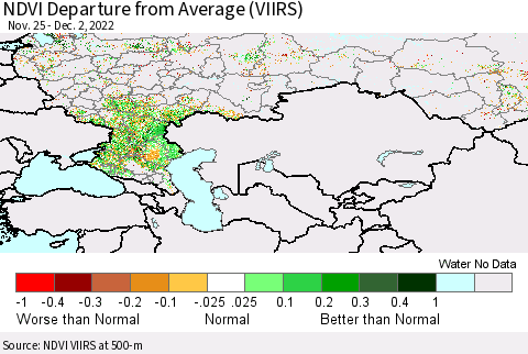 Russian Federation NDVI Departure from Average (VIIRS) Thematic Map For 11/25/2022 - 12/2/2022