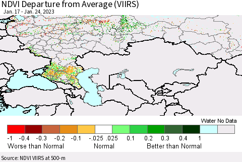 Russian Federation NDVI Departure from Average (VIIRS) Thematic Map For 1/17/2023 - 1/24/2023