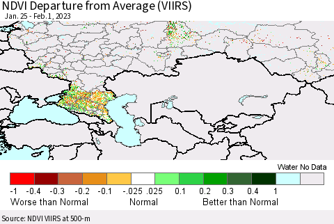 Russian Federation NDVI Departure from Average (VIIRS) Thematic Map For 1/25/2023 - 2/1/2023