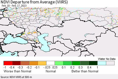 Russian Federation NDVI Departure from Average (VIIRS) Thematic Map For 2/10/2023 - 2/17/2023