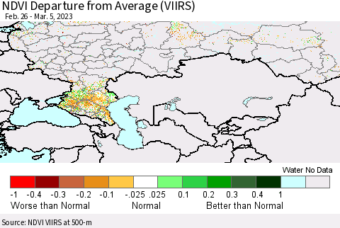 Russian Federation NDVI Departure from Average (VIIRS) Thematic Map For 2/26/2023 - 3/5/2023