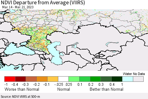 Russian Federation NDVI Departure from Average (VIIRS) Thematic Map For 3/14/2023 - 3/21/2023