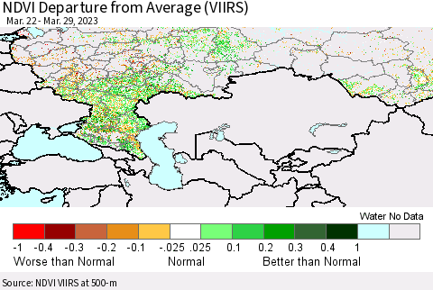 Russian Federation NDVI Departure from Average (VIIRS) Thematic Map For 3/22/2023 - 3/29/2023