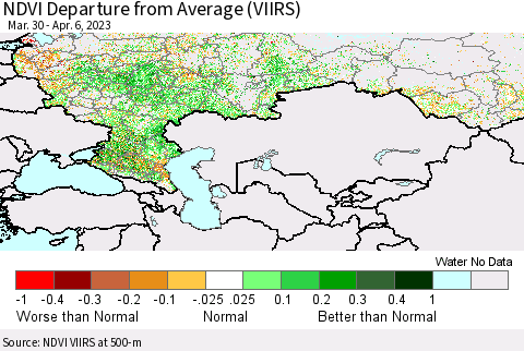 Russian Federation NDVI Departure from Average (VIIRS) Thematic Map For 3/30/2023 - 4/6/2023