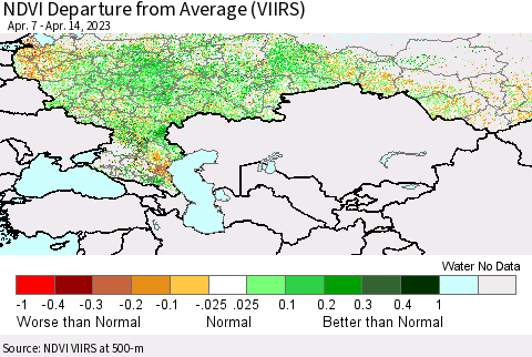 Russian Federation NDVI Departure from Average (VIIRS) Thematic Map For 4/7/2023 - 4/14/2023