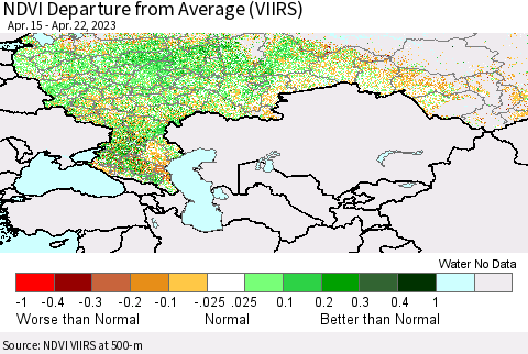 Russian Federation NDVI Departure from Average (VIIRS) Thematic Map For 4/15/2023 - 4/22/2023