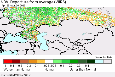Russian Federation NDVI Departure from Average (VIIRS) Thematic Map For 4/23/2023 - 4/30/2023