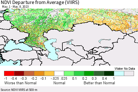 Russian Federation NDVI Departure from Average (VIIRS) Thematic Map For 5/1/2023 - 5/8/2023