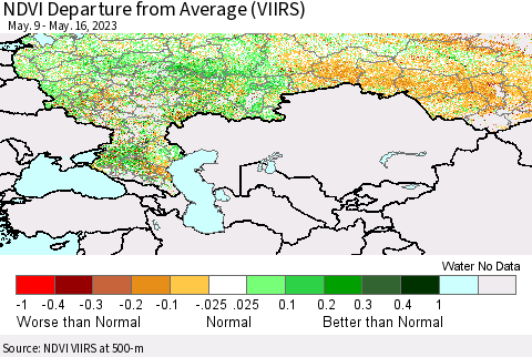 Russian Federation NDVI Departure from Average (VIIRS) Thematic Map For 5/9/2023 - 5/16/2023