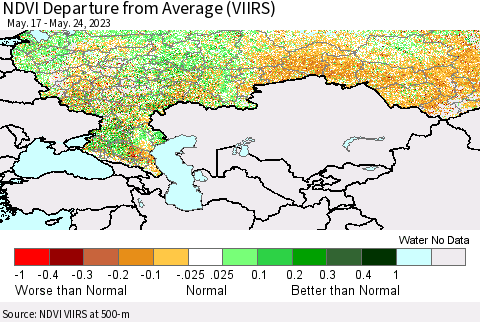 Russian Federation NDVI Departure from Average (VIIRS) Thematic Map For 5/17/2023 - 5/24/2023