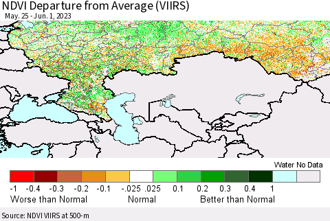 Russian Federation NDVI Departure from Average (VIIRS) Thematic Map For 5/25/2023 - 6/1/2023