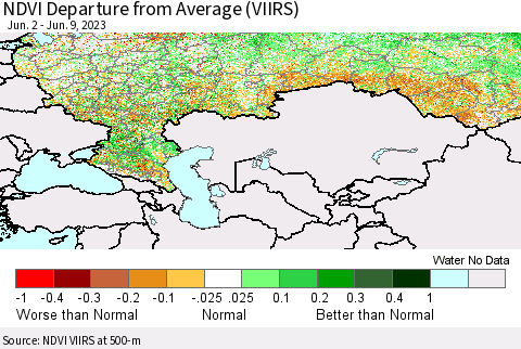Russian Federation NDVI Departure from Average (VIIRS) Thematic Map For 6/2/2023 - 6/9/2023