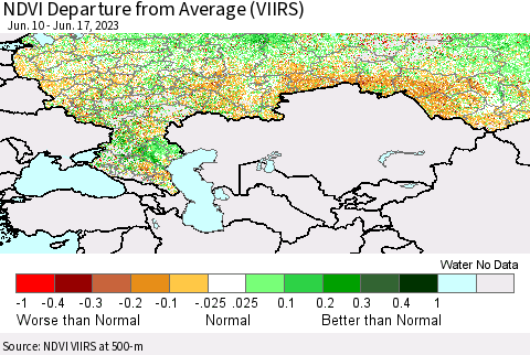 Russian Federation NDVI Departure from Average (VIIRS) Thematic Map For 6/10/2023 - 6/17/2023