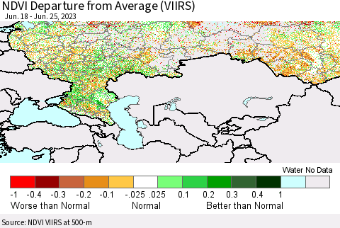 Russian Federation NDVI Departure from Average (VIIRS) Thematic Map For 6/18/2023 - 6/25/2023