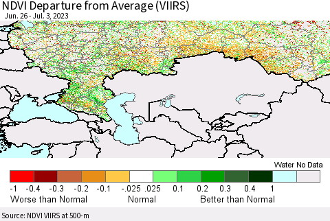 Russian Federation NDVI Departure from Average (VIIRS) Thematic Map For 6/26/2023 - 7/3/2023