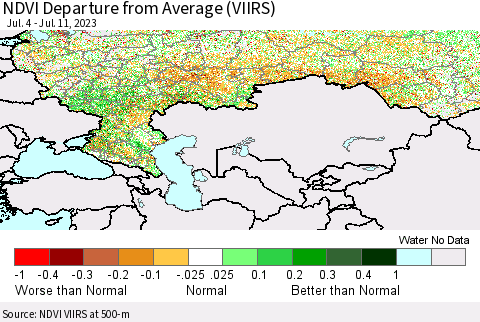 Russian Federation NDVI Departure from Average (VIIRS) Thematic Map For 7/4/2023 - 7/11/2023
