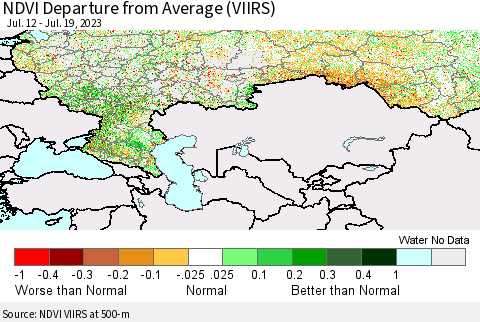 Russian Federation NDVI Departure from Average (VIIRS) Thematic Map For 7/12/2023 - 7/19/2023