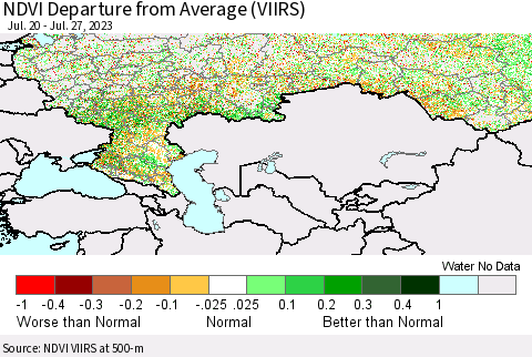 Russian Federation NDVI Departure from Average (VIIRS) Thematic Map For 7/20/2023 - 7/27/2023
