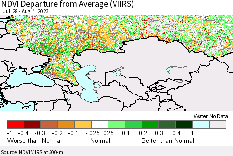 Russian Federation NDVI Departure from Average (VIIRS) Thematic Map For 7/28/2023 - 8/4/2023