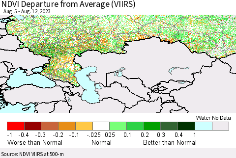 Russian Federation NDVI Departure from Average (VIIRS) Thematic Map For 8/5/2023 - 8/12/2023