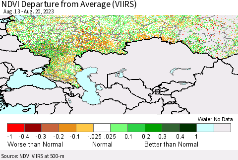Russian Federation NDVI Departure from Average (VIIRS) Thematic Map For 8/13/2023 - 8/20/2023