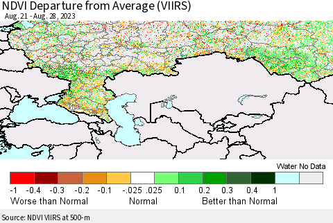 Russian Federation NDVI Departure from Average (VIIRS) Thematic Map For 8/21/2023 - 8/28/2023
