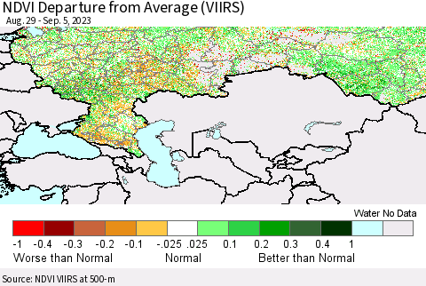 Russian Federation NDVI Departure from Average (VIIRS) Thematic Map For 8/29/2023 - 9/5/2023